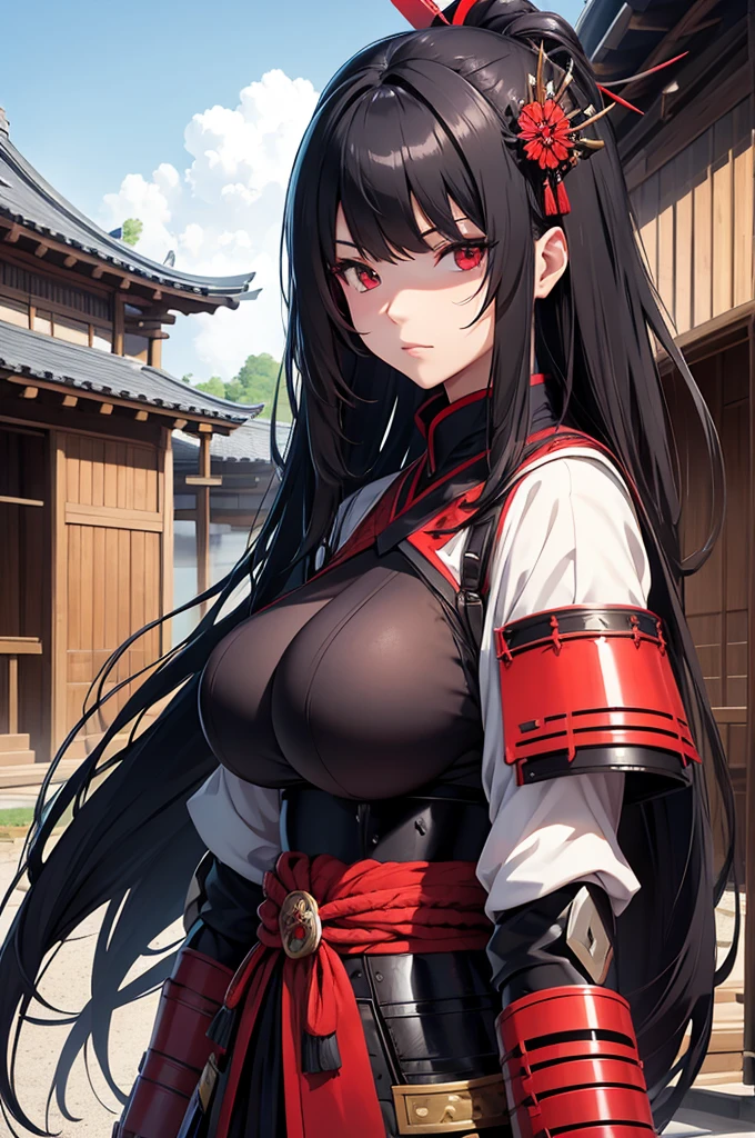 Woman samurai armor long black hair red eyes big breast feudal village