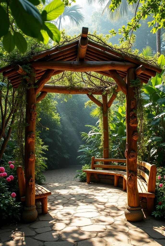 A pergola with a semicircular roof located in the center of a small square in a lush jungle setting in Guatemala. The structure is made of rustic wood, with thick beams and posts carved with details of the animals described by Virgilio Rodríguez Macal. On the posts, You can see carvings of jaguars, alligators, quetzales, monkeys and snakes, Each captured in dynamic and realistic poses. The upper beams of the pergola are intertwined with vines and climbing plants., creating a natural roof that provides shade and blends perfectly with the jungle environment. The ground of the square is covered with natural stones and surrounded by tropical flowers and shrubs.. Around the pergola, There are carved wooden benches with more details of animals and natural motifs. Sunlight filters through the leaves and vines, creating a cozy and magical atmosphere.