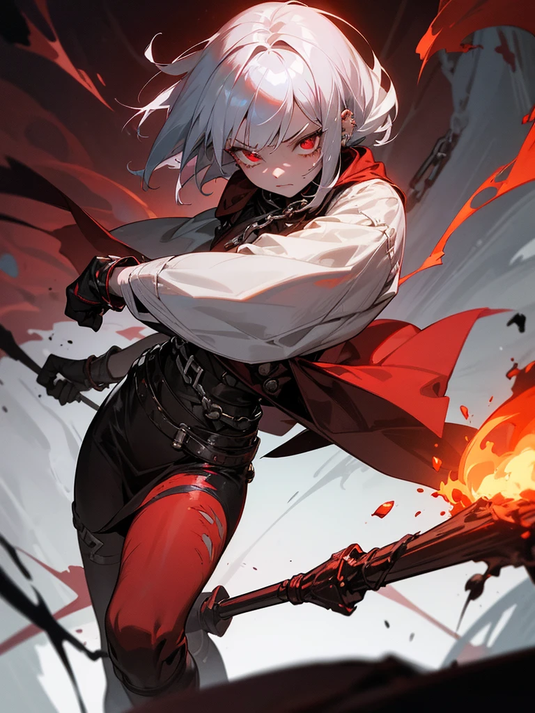 a beautifully detailed 1girl with silver hair in a short, messy hairstyle, piercing crimson eyes, thin and pale complexion, a cool and crazed expression, wearing tattered clothes with chains, surrounded by a dark, traumatic fantasy atmosphere with dramatic crimson fire effects, mourning and desperation, wielding a magic staff