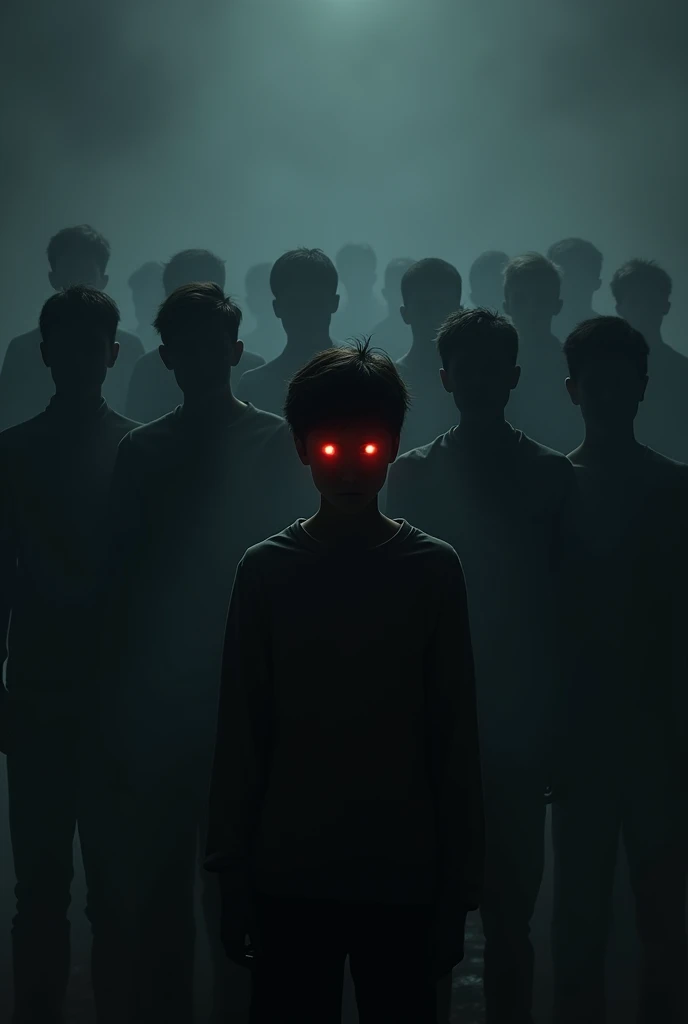 A group of 10 people where only their shadows can be seen, and in the middle of all of them there is a age boy with red eyes, and the background is dark and foggy