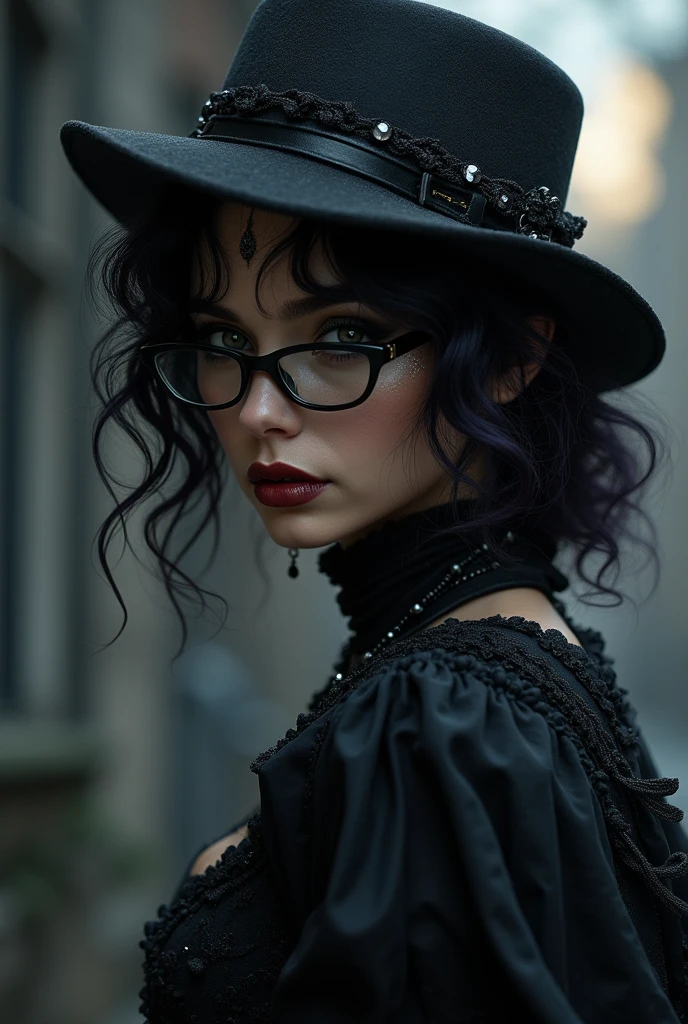 (Fatal Beauty,A charming villain,witch) ,(A supple and powerful physique),(Sensual charm),(Mysterious charm:1.1),(Captivating silhouette),((((Glasses))))、((((big sapphire necklace))))、(Highest quality,High resolution:1.2),(dark,Threatening:1.1),((dark horror theme:1.5),(thriller:1.5)),(Dark fantasy:1.5), (((Countless stars fly away:1.5),(absurdes:1.5),(wonderful:1.5))),Woman in a dress, (Powerful numbers:1.1),(((Big Breasts))),(((muscular:1.1))), cute face, Sexy Face, , Very detailedなbeautiful女の子, (Ideal body type:1.8), Very detailed faceexpressive lips, (Very beautiful、Crisp big eyes:1.5), Fine skin., All features are shown in detail., The outline of the fingers is beautifully drawn....., The nose is precisely shaped., expressive lips, Perfect Anatomy,cute、Realistic、(Front view:1.4),(Face Focus:1.3), realistic girl rendering, 8k artistic german bokeh, Enchanting girl, Real Girls, Gurwitz, Gurwitz-style artwork, Girl Roleplay, Realistic 3D style, cgstation Popular Topics, 8K Portrait Rendering,(truth,truth:1.4),Sexy Body,( Very lean body:1.6),Sexy pose, blush, Attractive body, Very curly hair, Purple Curly Hair, very big hair, Very curly hair, prime color,Urban,Very detailed,masterpiece,Intricate details,Faded,Very detailed, Eye on the details,Intricate details,Dark and spooky atmosphere, spiritual being, Unforgettably beautiful, Ghostly figures, Shadow-like shape, Spooky whispers, Ominous Aura, Goth Maiden, Like dazzling fur in a starless haze,Her Mogul Snaps, Mysterious Cemetery,Black hair swaying in the moonlight, She summons darkness, (beautiful: 1.7), (Black Hat: 1.6), (An intricately decorated jet-black cloak: 1.6), (Delicately decorated cloak, Despite the damage: 1.5), Hypermaximalist, Breathtaking oil paintings, surreal, Ultra-realistic digital illustrations that mimic the style of oil paintings, wonderful composition, (Shining Eyes:1.6)、(Glowing Eyes:1.1),(hellish landscape:1.1),(fire,sulfur:1.1),(Threatening atmosphere:1.1),(dark shadows,Threatening p