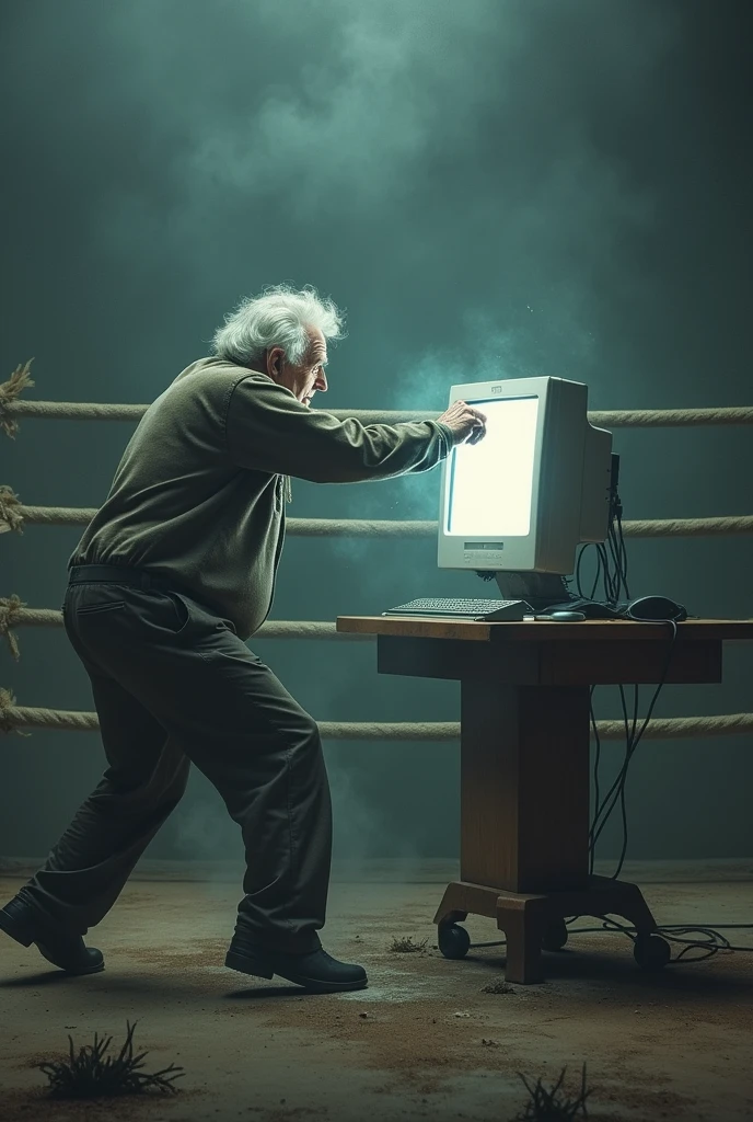 A grey-haired old man fights aggressively against his computer in a boxing ring