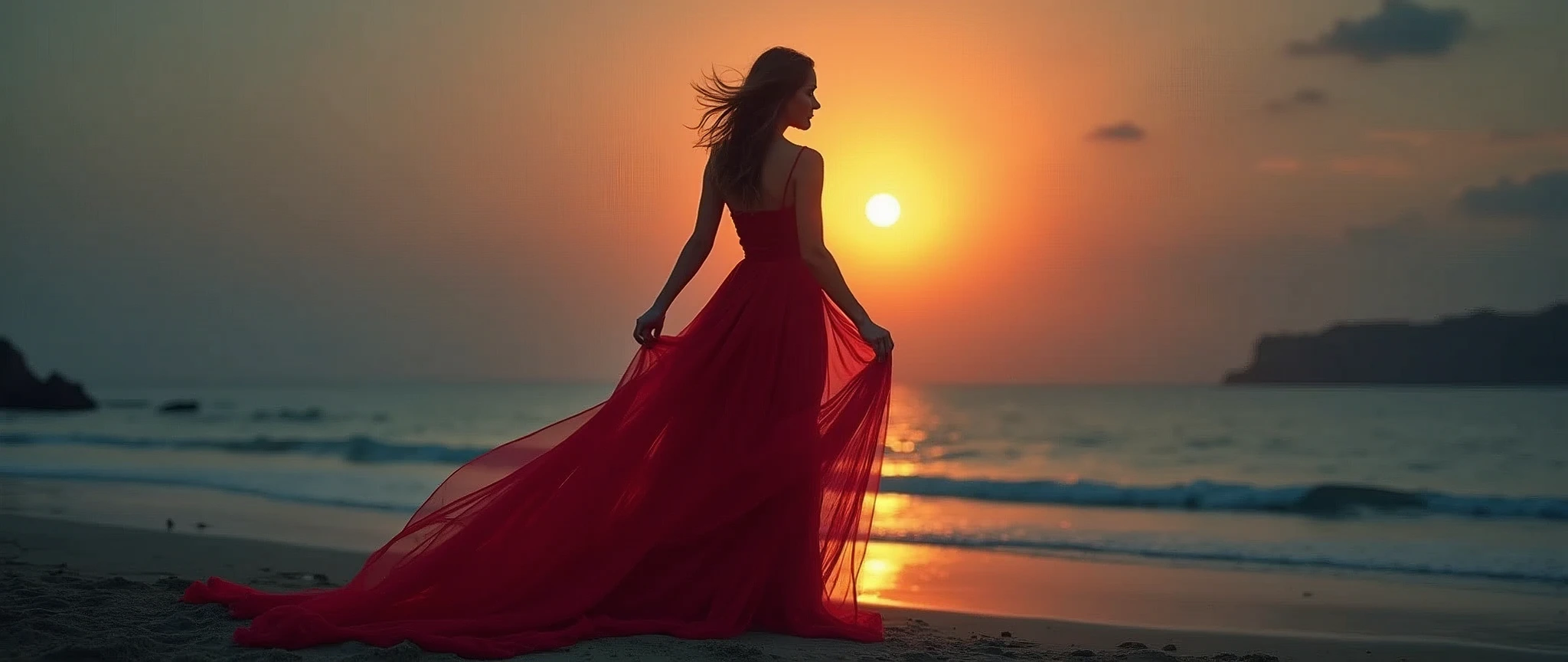 Arav woman in red dress walking on the beach,Background with full moon, Fantasy movie stills, Stunning photography, An ethereal still painting, Stunning mood photography, Beautiful photography, still from a music video, Miss Angela, great composition cinematic, Stunning photography, Dramatic film composition, 2 0 2 1 Movie 4k frame grab