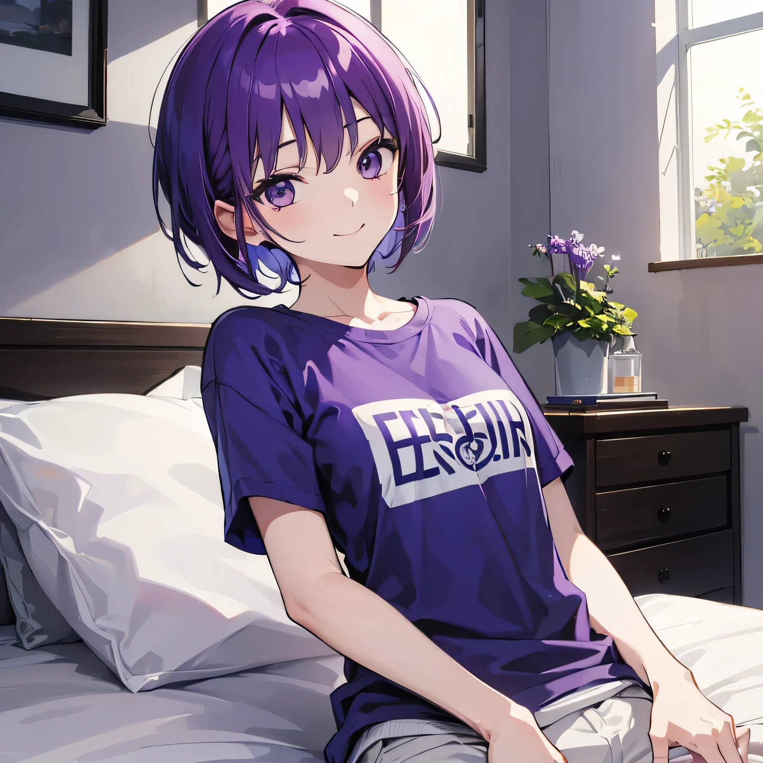(T Masterpiece,4K wallpaper,Best Quality))、((girl1people))、(solo)、Bright and Brilliant,(Purple Hair)、(short hair:1.3)、smile、Bedroom、T-Shirts、morning