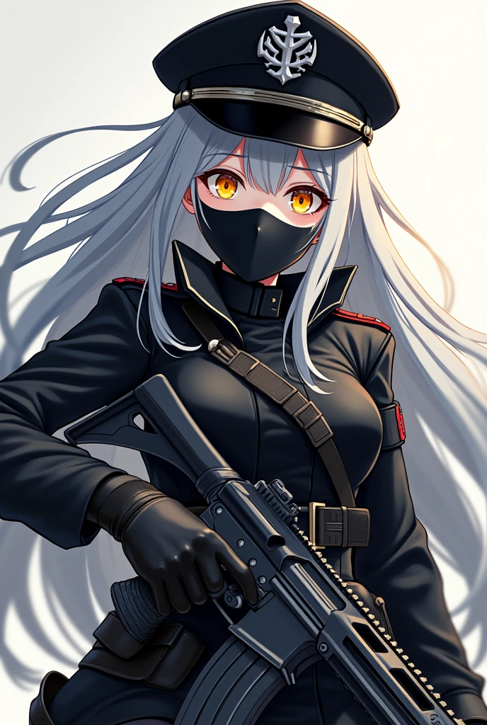 You could create a girl Anime style She has gray hair White skin Yellow eyes between orange She wears a black female military outfit and along with a Mexican military helmet also black She is holding a weapon and wearing a black face mask