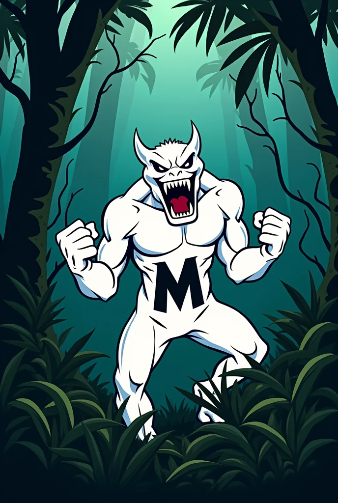 Make a logo a white stickman with angry roar face with m letter in stomach and jungle background realstic