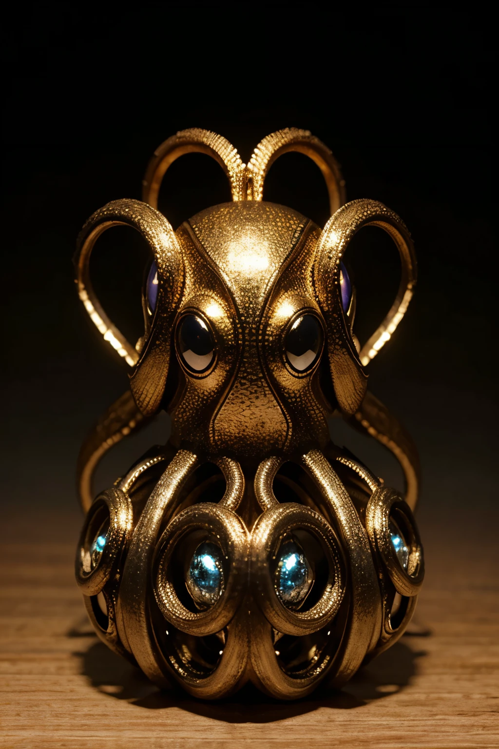 An octopus made of metallic wire coils around a big beautiful gemstone.