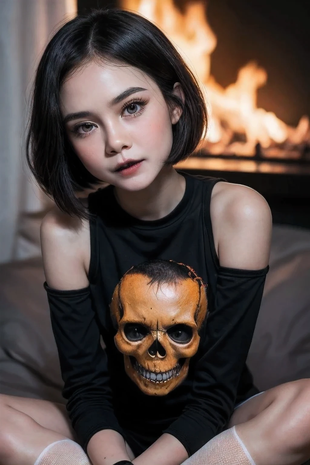 ((GOTHIC BLACK EYELASH)), ((BLACK LIPS)), ((shorthaircut:1.3)), adorable, 1 girl, (face to face), , baby face, happy, half body portrait, (face details: 1), (eye details: 1), ((tiny breasts)). ((croptank "fiery skull" picture)), ((net stockings))