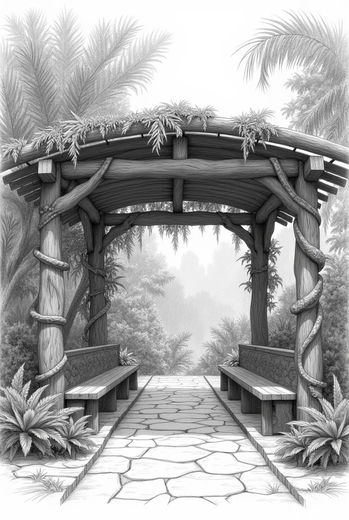 pencil sketch drawing, as an architectural drawing of a pergola with a semicircular roof located in the center of a small square in a lush jungle setting in Guatemala. The structure is made of rustic wood, with thick beams and posts carved with details of the animals described by Virgilio Rodríguez Macal. On the posts, You can see carvings of jaguars, alligators, quetzales, monkeys and snakes, Each captured in dynamic and realistic poses. The upper beams of the pergola are intertwined with vines and climbing plants., creating a natural roof that provides shade and blends perfectly with the jungle environment. The ground of the square is covered with natural stones and surrounded by tropical flowers and shrubs.. Around the pergola, There are carved wooden benches with more details of animals and natural motifs. Sunlight filters through the leaves and vines, creating a cozy and magical atmosphere.
