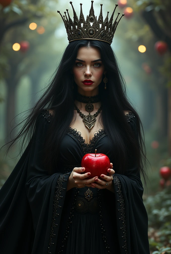 ((RAW Photo), absurd, (absurdresolution)), masterpiece, best quality, (Extremely detailed 8k unity CG wallpaper), (best illustration), (best shadow), Realistic lighting, beautiful detailed glow, ((21 years old)), girl, long black hair, black queen, accessories, apple in hand, poisoned apples, witch queen, red lipstick, (((Photographic Perspective of her)))