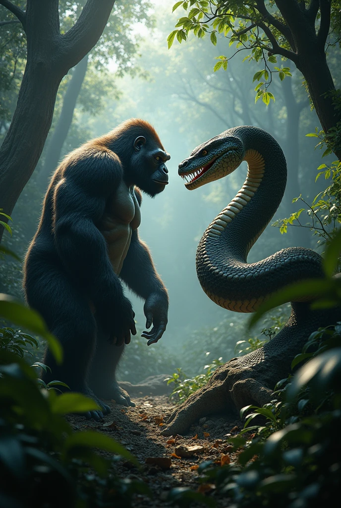 {
"prompt": "A dramatic scene in a dense jungle where a massive, muscular gorilla faces off against a large, coiled python. The gorilla, standing tall on its hind legs, looks powerful and determined, with its fur glistening in the dim light filtering through the thick canopy. The python is poised to strike, its scales shimmering in shades of green and brown, blending with the jungle surroundings. The background features dense foliage, tall trees, and a mysterious, shadowy atmosphere. The scene captures the tension and raw power of both animals in a standoff.",
"size": "1024x1024"
}