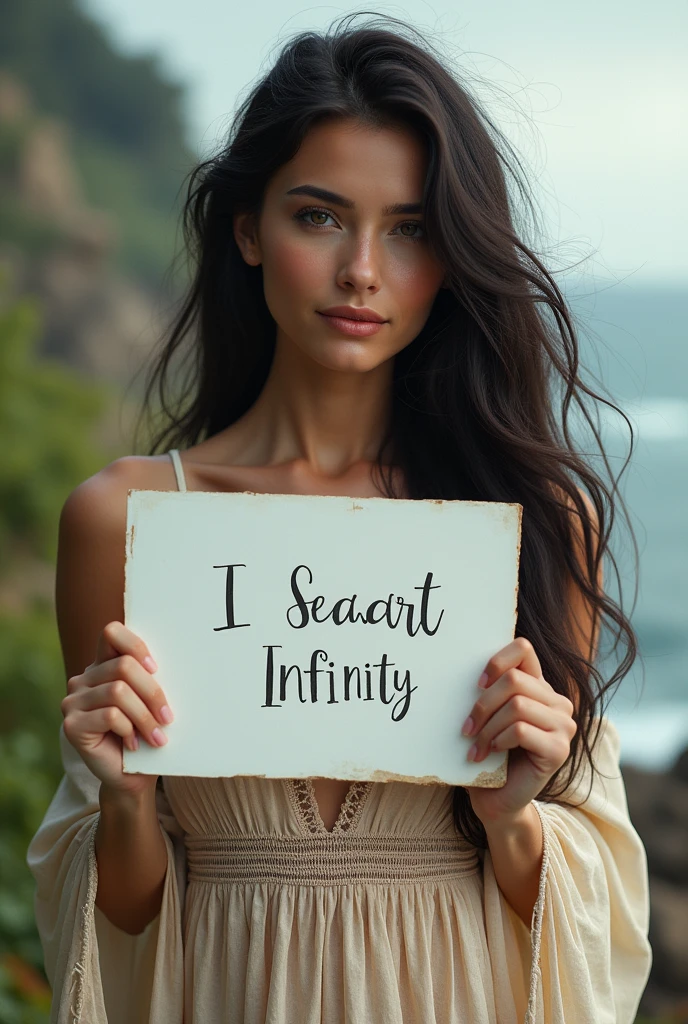 Beautiful girl with wavy long hair, bohemian dress, holding a white board with text "I Love Seaart Infinity" and showing it to the viewer