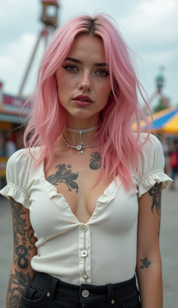 realistic portrait of a 25 year old woman, intense gaze, brown eyes, soft smile, freckles on her face, pink hair, colorful tattoos, white woolen blouse, eyeliner, thin red lips, black skirt, silver accessories, jewelry silver, cloudy scenery, amusement park