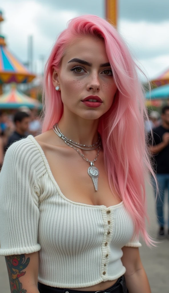 realistic portrait of a 25 year old woman, intense gaze, brown eyes, soft smile, freckles on her face, pink hair, colorful tattoos, white woolen blouse, eyeliner, thin red lips, black skirt, silver accessories, jewelry silver, cloudy scenery, amusement park