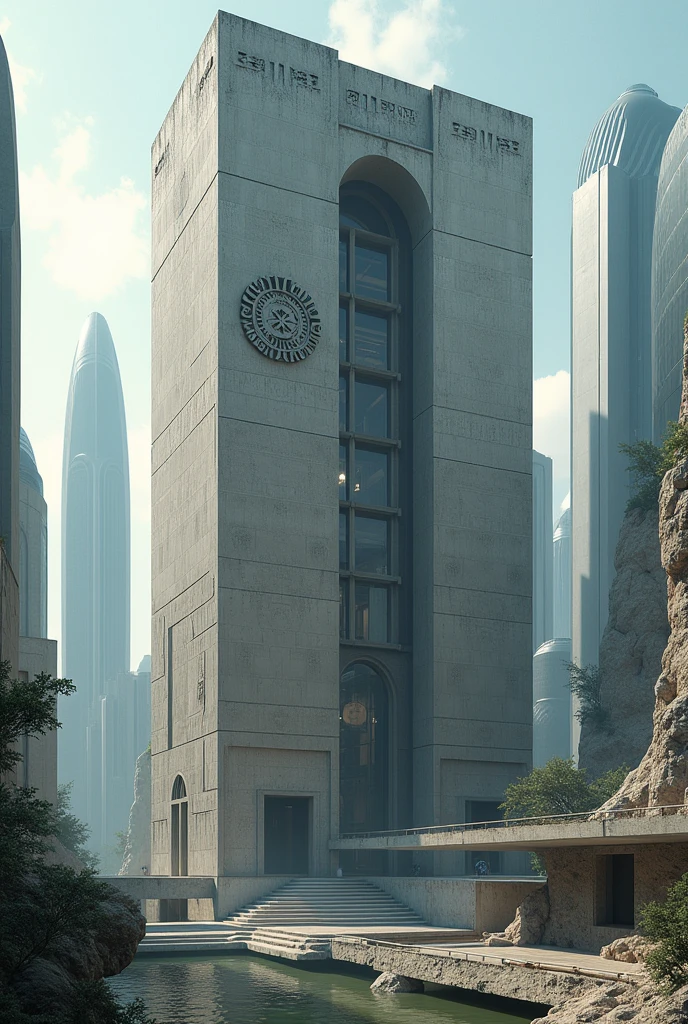 An old concrete building in a futuristic modern, smooth-shaped building district