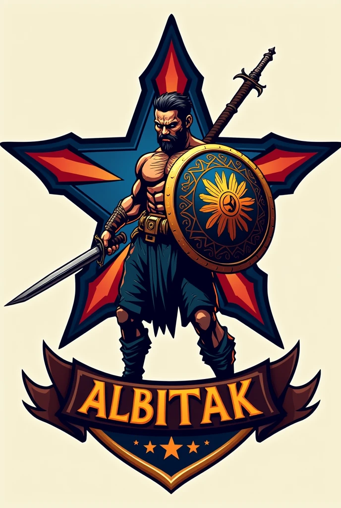 Make a logo for criminology student. The background should be like a philippine star. Then a small shield on top of it that is colored blue and red. The center of it should have an igorot filipino fighter holding a shield and sword in a fighting stance. Then a banner on the bottom of it that says ALIBTAK.
Make it realistic.