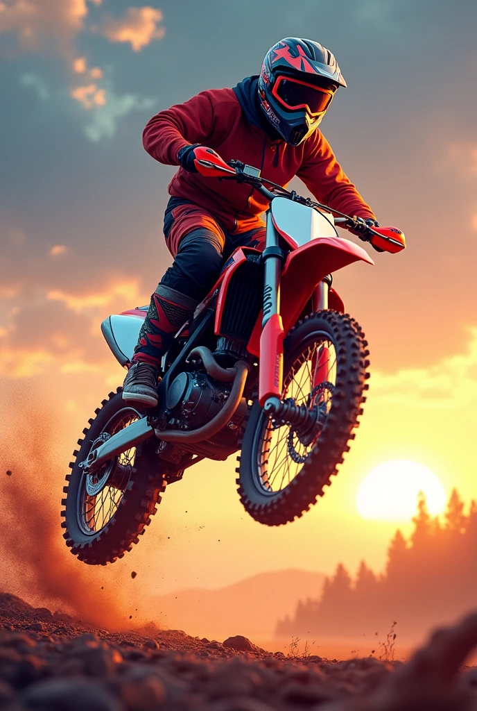 The image is a digital illustration or artwork that captures a moment of action and adventure. It features a motocross rider mid-jump ground far below his high jump, emphasizing the sport's dynamic nature. The rider's attire and the bike are detailed, suggesting a focus on realism in this stylized representation. The background landscape adds to the sense of motion and environment, likely chosen to enhance the dramatic effect of the scene. The colors are vibrant, with a warm color palette that could imply a setting sun or a stylized evening sky. Overall, the image seems to convey a sense of thrill and freedom associated with off-road motorcycling, retina, accurate, masterpiece, super detail, high details, best quality, award winning, highres, HD, 4K, 8k, 16k, retina, accurate, masterpiece, anatomically correct, textured skin, super detail, high quality, award winning, highres, 8k, 16k
