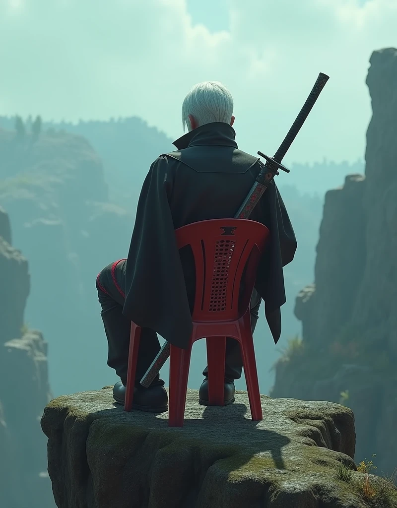 This is the in-game scene where Virgil from Devil May Cry sitting on a plastic chair atop a cliff holding his long katana sword and facing away from the viewer