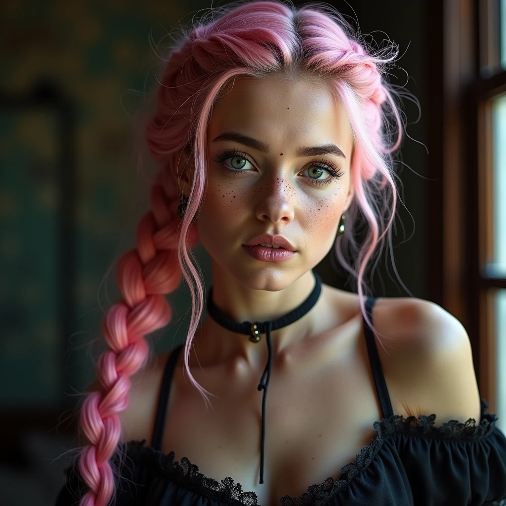 (Realisttic:1.2), og photo style, Beautiful young woman, posing, with freckles and long pink hair braided, (steampunk dark fantasy atmosphere), soft natural light, cute and sexyreat quality, Masterpiece, detailed strange background, better performance, 16k quality, RAW photo