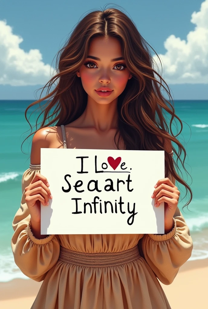 Beautiful girl with wavy long hair, bohemian dress, holding a white board with text "I Love Seaart Infinity" and showing it to the viewer