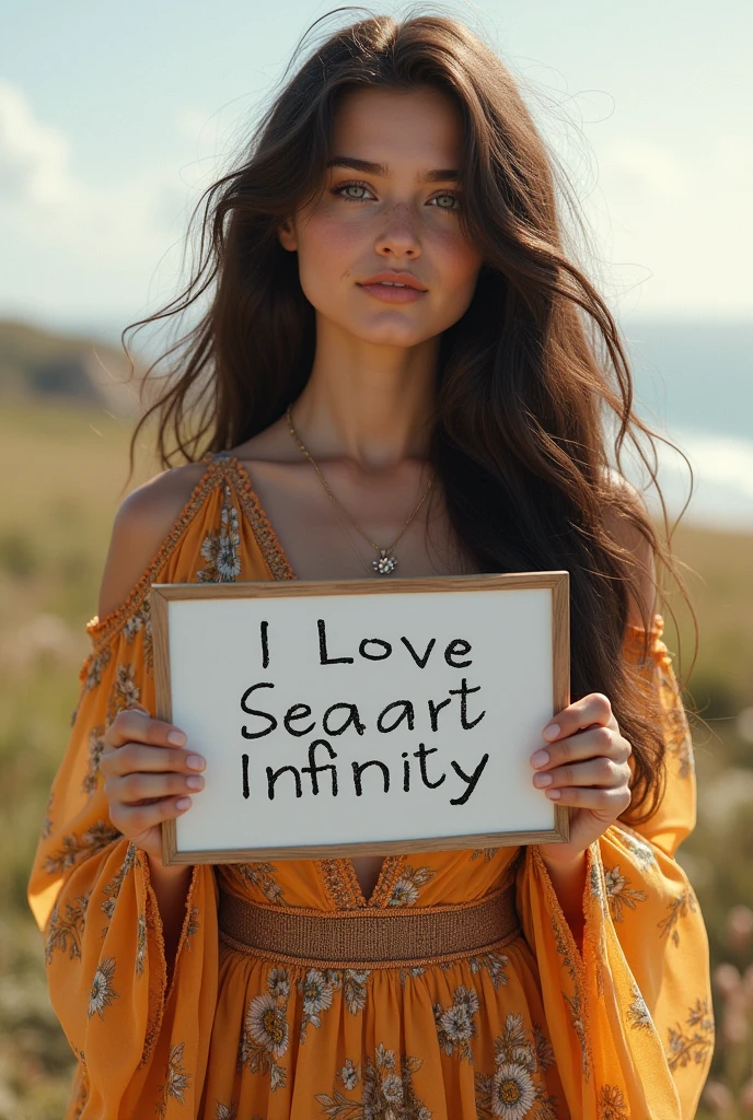 Beautiful girl with wavy long hair, bohemian dress, holding a white board with text "I Love Seaart Infinity" and showing it to the viewer