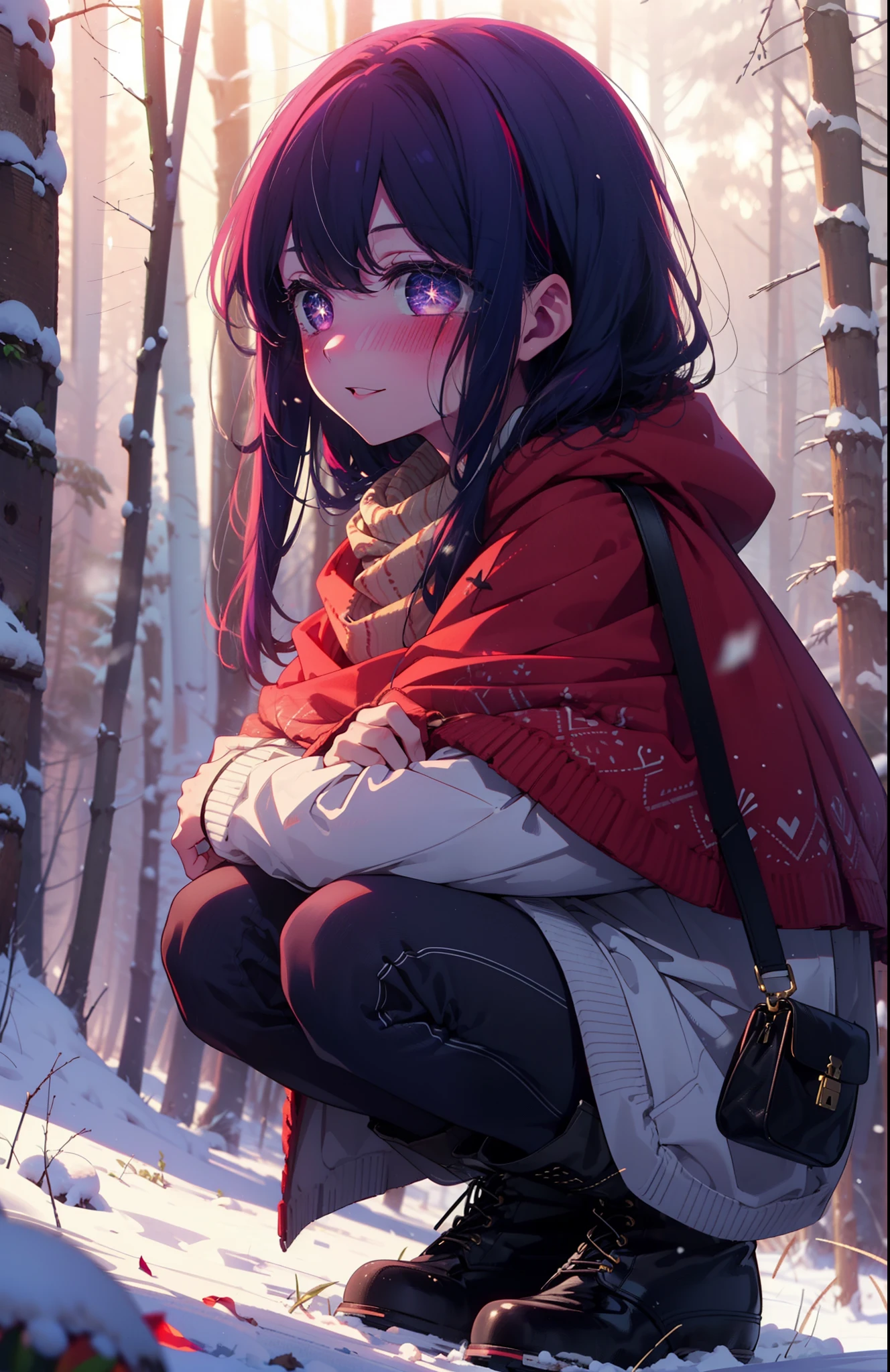 aihoshino, Ai Hoshino, Long Hair, bangs, (Purple eyes:1.1), Purple Hair, (Symbol-shaped pupil:1.5), smile,,smile,blush,white breath,
Open your mouth,snow,Ground bonfire, Outdoor, boots, snowing, From the side, wood, suitcase, Cape, Blurred, , forest, White handbag, nature,  Squat, Mouth closed, Cape, winter, Written boundary depth, Black shoes, red Cape break looking at viewer, Upper Body, whole body, break Outdoor, forest, nature, break (masterpiece:1.2), Highest quality, High resolution, unity 8k wallpaper, (shape:0.8), (Beautiful and beautiful eyes:1.6), Highly detailed face, Perfect lighting, Highly detailed CG, (Perfect hands, Perfect Anatomy),