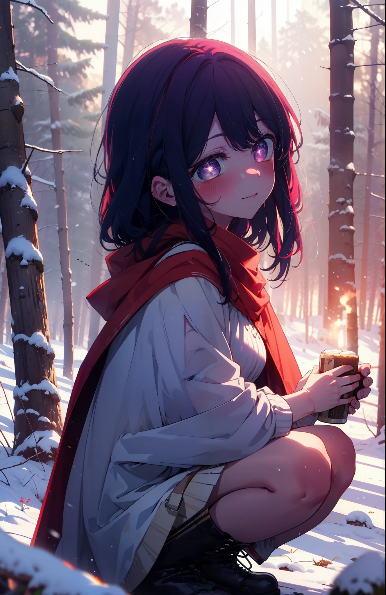 aihoshino, Ai Hoshino, Long Hair, bangs, (Purple eyes:1.1), Purple Hair, (Symbol-shaped pupil:1.5), smile,,smile,blush,white breath,
Open your mouth,snow,Ground bonfire, Outdoor, boots, snowing, From the side, wood, suitcase, Cape, Blurred, , forest, White handbag, nature, Squat, Mouth closed, Cape, winter, Written boundary depth, Black shoes, red Cape break looking at viewer, Upper Body, whole body, break Outdoor, forest, nature, break (masterpiece:1.2), Highest quality, High resolution, unity 8k wallpaper, (shape:0.8), (Beautiful and beautiful eyes:1.6), Highly detailed face, Perfect lighting, Highly detailed CG, (Perfect hands, Perfect Anatomy),