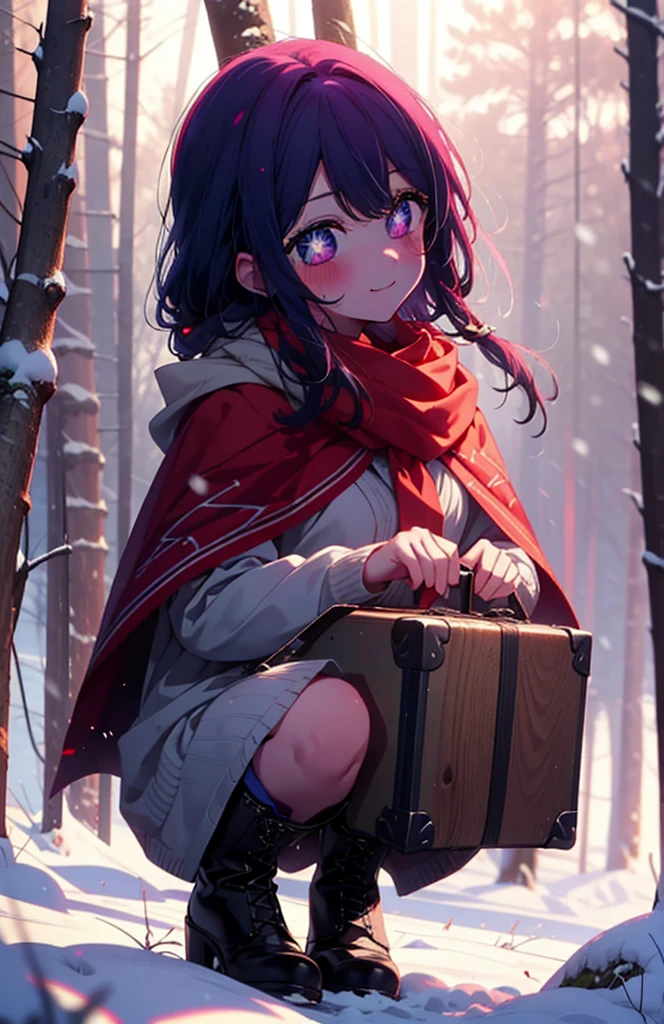 aihoshino, Ai Hoshino, Long Hair, bangs, (Purple eyes:1.1), Purple Hair, (Symbol-shaped pupil:1.5), smile,,smile,blush,white breath,
Open your mouth,snow,Ground bonfire, Outdoor, boots, snowing, From the side, wood, suitcase, Cape, Blurred, , forest, White handbag, nature,  Squat, Mouth closed, Cape, winter, Written boundary depth, Black shoes, red Cape break looking at viewer, Upper Body, whole body, break Outdoor, forest, nature, break (masterpiece:1.2), Highest quality, High resolution, unity 8k wallpaper, (shape:0.8), (Beautiful and beautiful eyes:1.6), Highly detailed face, Perfect lighting, Highly detailed CG, (Perfect hands, Perfect Anatomy),