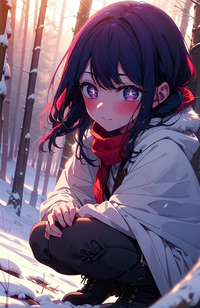 aihoshino, Ai Hoshino, Long Hair, bangs, (Purple eyes:1.1), Purple Hair, (Symbol-shaped pupil:1.5), smile,,smile,blush,white breath,
Open your mouth,snow,Ground bonfire, Outdoor, boots, snowing, From the side, wood, suitcase, Cape, Blurred, , forest, White handbag, nature,  Squat, Mouth closed, Cape, winter, Written boundary depth, Black shoes, red Cape break looking at viewer, Upper Body, whole body, break Outdoor, forest, nature, break (masterpiece:1.2), Highest quality, High resolution, unity 8k wallpaper, (shape:0.8), (Beautiful and beautiful eyes:1.6), Highly detailed face, Perfect lighting, Highly detailed CG, (Perfect hands, Perfect Anatomy),