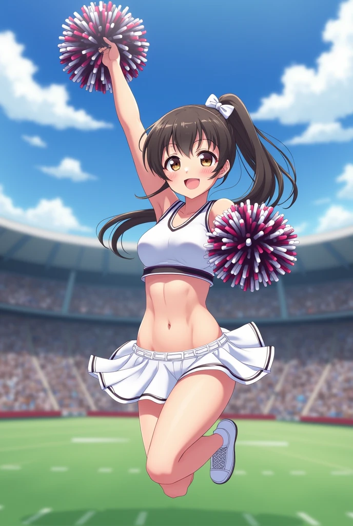 Anime Style。Cheerleading with pom-poms in a stadium full of spectators。
While jumping, her skirt flipped up, revealing her white .。
Sweating under my arms、Steamy。
and visible belly。
It's easy to tell that you're sweating