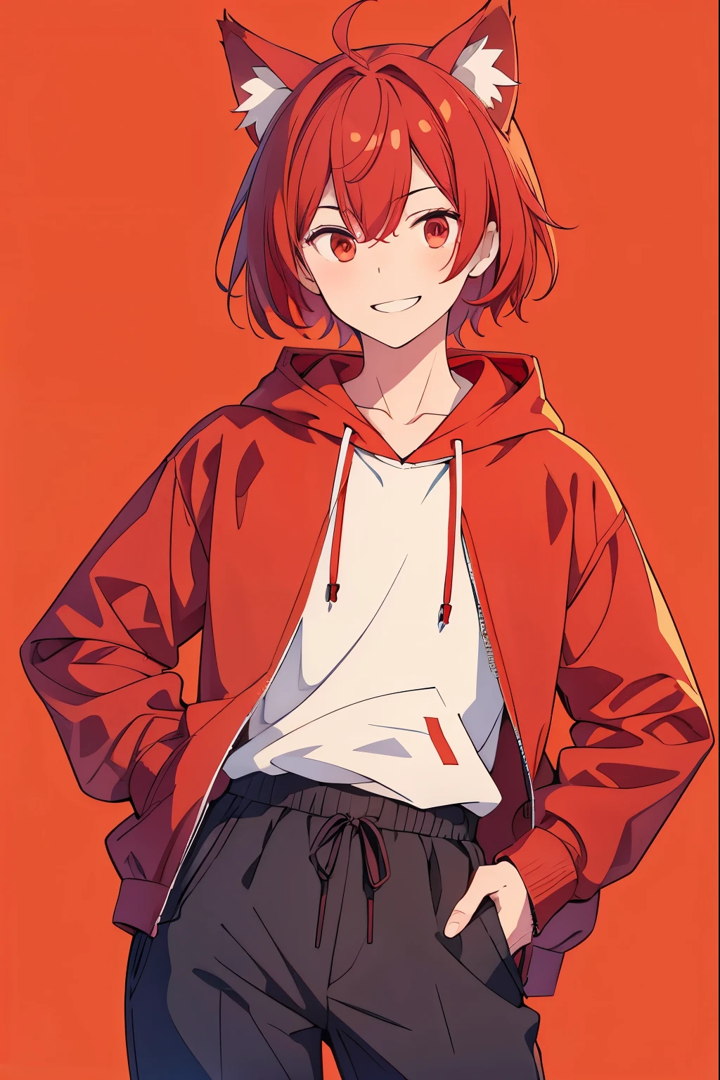 A high school boy with red hair, wolf ears, a red open hoodie, hands on hips and a smile