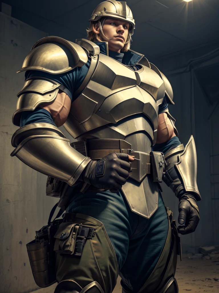 1 officer 22 years old handsome muscular blond, starship armor, solo, realistic, gloves, armor, shoulder patch, body armor, military, helmet, holding a weapon, hungry click