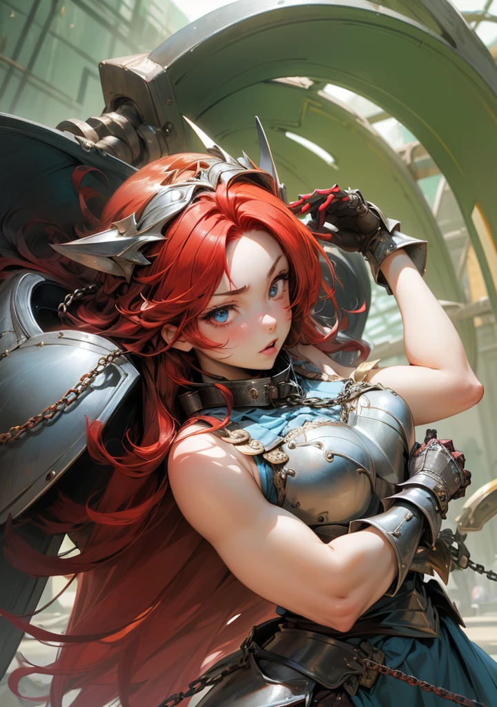1girl, lisara restall, ((red hair:1.5)),
BREAK (armor, armored dress, chain, collar, dress, faulds, gauntlets, headpiece, metal collar, plackart, blue dress:1.2),
BREAK ((anime girl)), best quality, expressive eyes, perfect face, (masterpiece), best quality, expressive eyes, perfect face, ((best quality)), ((ultra-detailed)), ((an extremely delicate and beautiful)), perfect eyes, perfect body, ((synmetry eyes)), beautiful eyes, ((thick thighs)), shiny skin, soft skin, ((synmetry body)), ((perfect body)),