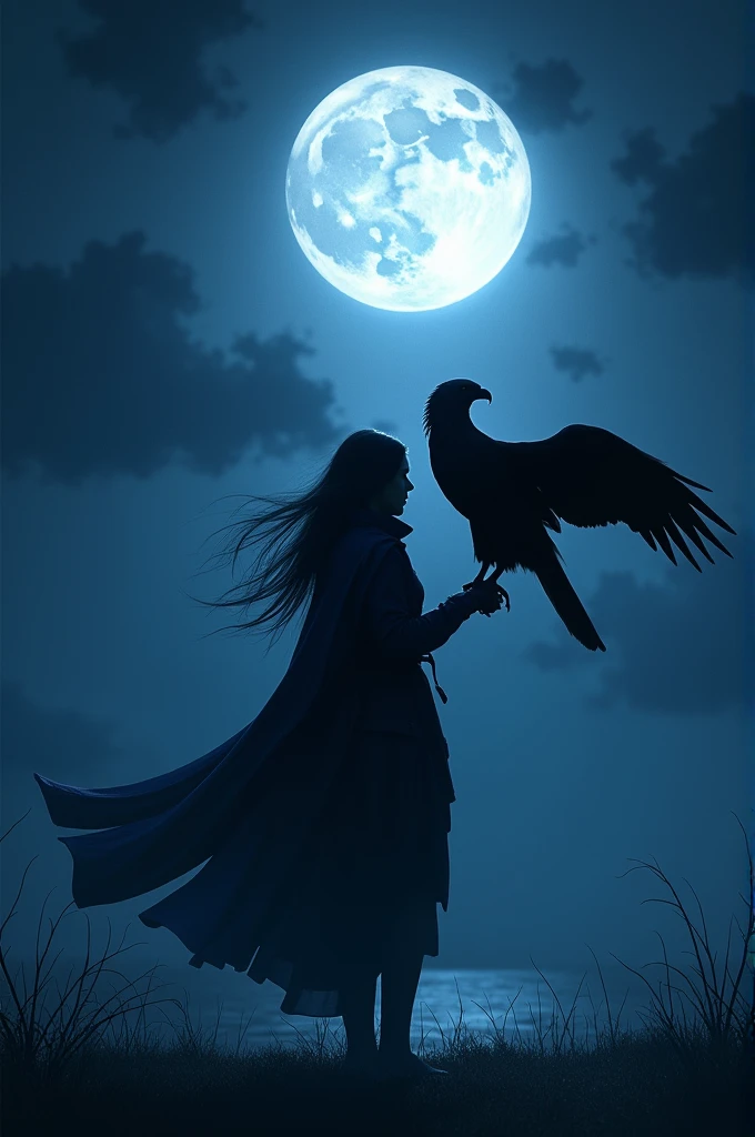 Deep blue shadow of a ninja girl holding and eagle under the moonlight