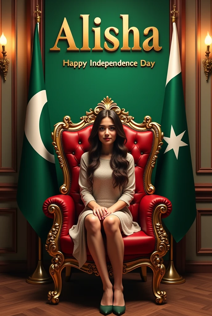 Create realistic illusion image A 20 years old girl is sitting on a queen chair with Pakistani flag behind him the color of the wall on which "Alisha' is written in golden. and also written " Happy Independence Day" in clear letter written on small size on bottom