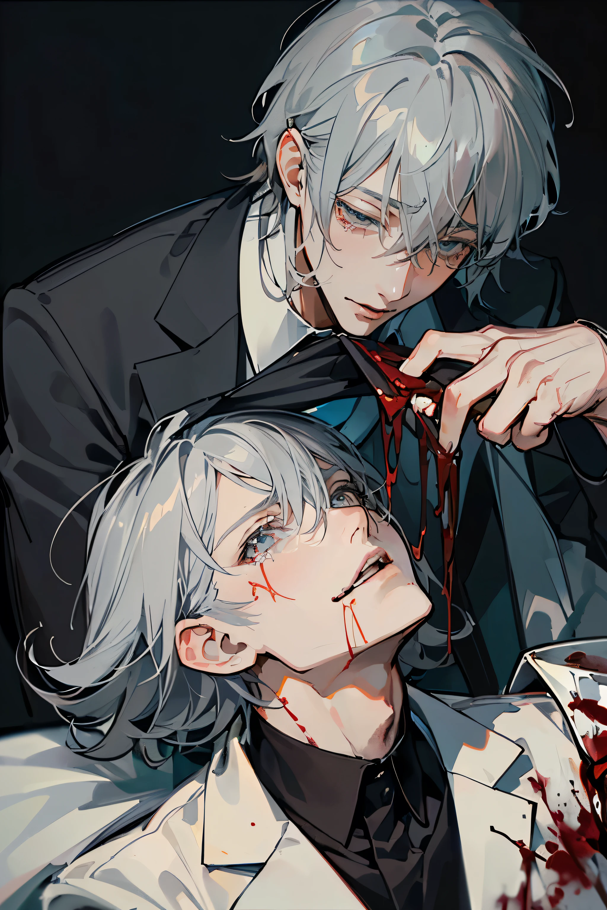 (Masterpiece), (best quality), very detailed, ((two men:1.5)), perfect face, Beautiful face, very detailedな顔,(black haired man_Blood flows from the mouth:1.3),(Gray Haired Man_cry:1.3)