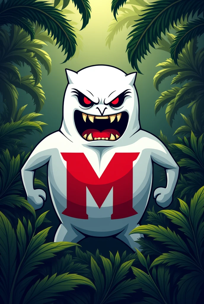 Make a logo a white stickman with angry roar face with m letter red in stomach and jungle background realstic