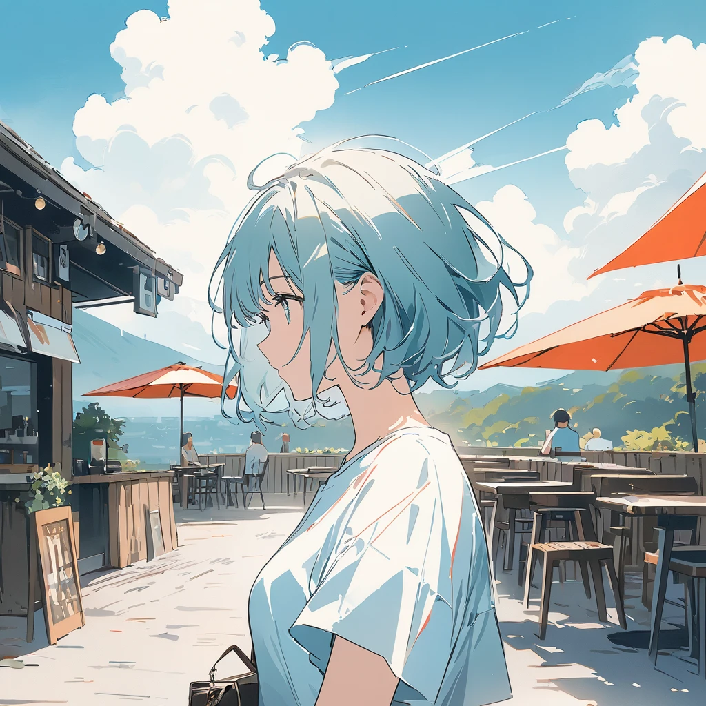 anime、Digital Art、Flat Design、超High resolution, (masterpiece:1.2), Highest quality, High resolution, Awards, Attention to detail,Woman, summer landscape, beer garden, wind, short hair, light color, beautiful, tiredness, illustration, illustration, posterization, In Duotone,