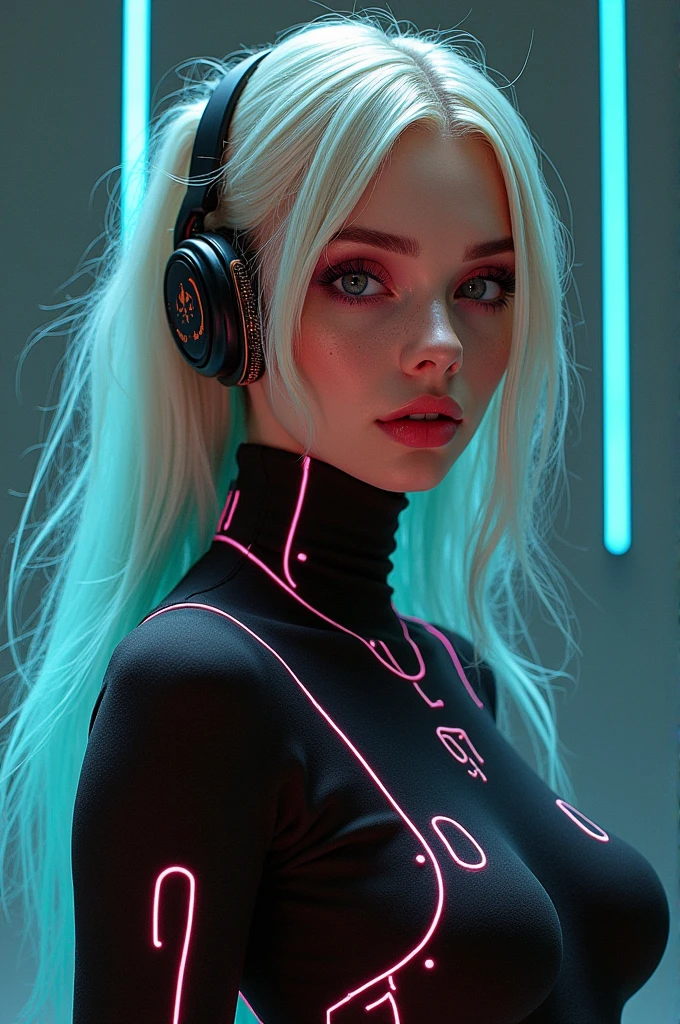 mulher arafed com longos cabelos castanhos e uma regata cyberpunk neon, retrato, ela tem um rosto bonito, Imagens da webcam, clivagem, peituda, sexy look at the camera, Fotografado na webcam, 4 8 0 p, 480p, Seu peito, she's facing the camera, gorgeous female, fundo do clube de discoteca, RGB, LED Rave Lighting