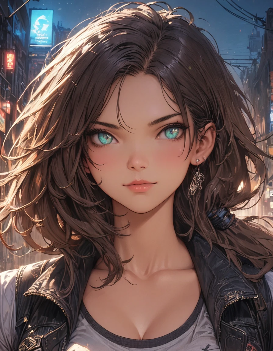 best quality,4k,8k,highres,masterpiece:1.2),ultra-detailed, extremely detailed eyes, extremely detailed body, (large masterpiece digital art), (detailed manga illustration), (detailed line art), ((perfect anatomy)), (intricate details:1.3), (ultra-detailed:1.3), (illustration:1.3), (sharp focus:1.3), (natural lighting:1.05), (vivid colors:1.3), (masterpiece), (best quality:1.4), (perfect anatomy:1.4), high quality, expressive eyes, full body, detailed face, beautiful face, perfect face, 1 girl, muscular, tall girl, large breasts, long hair, light brown hair, straight hair, low ponytail, detailed hair, ((casual clothes)), grey t-shirt, (vest), open vest, (blue pants), denim pants, pale skin, aquamarine eyes, splash art, curvy, black combat boots, cinematic lighting, dramatic atmosphere, Atey Ghailan, Jeremy Mann, Greg Manchess, Antonio Moro, trend in ArtStation, trend in CGSociety, Intricate, High Detail, Sharp focus, dramatic and photorealistic painting art by Midjourney and Greg Rutkowski, Jeff Bridges, ((cartoon style)), Marvel Cinematic Universe style, (((Night sky in the background))),
