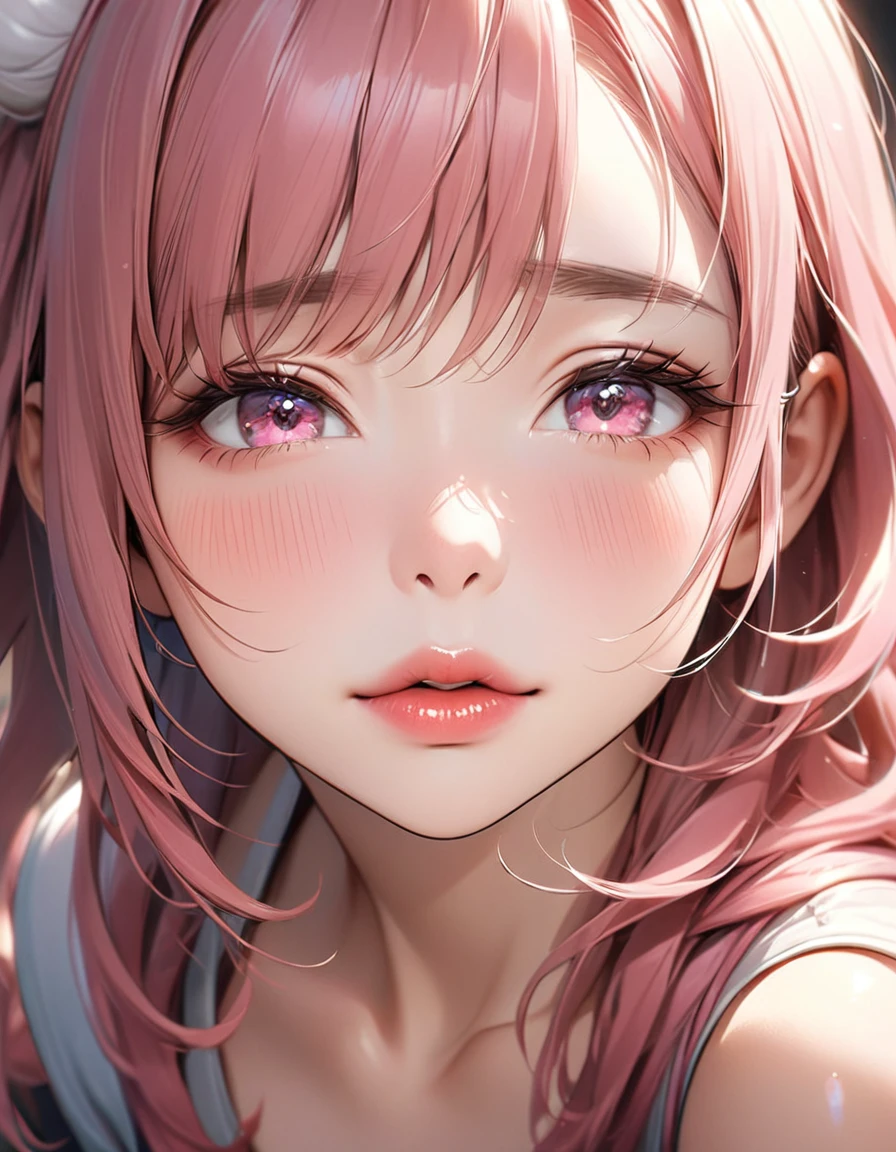 The face of a beautiful girl approaches the viewer, (Girls kissing), alone, (Hair Ribbon:0.4), Pink Eyes,(((White bun hair))),(((Pink long hair))),Perfect and attractive face, Mouth trying to kiss, close your eyes, Put your chin forward, Expectations, Shyness, joy, blush, Realistic and attractive nose, Delicate and elegant eyelashes, Fine and thin eyebrows, Natural Makeup, Delicate and perfect brushwork, young and lively々Fresh Skin, break: Showing affection to the audience, Expectations, Shyness, joy, blush, I close my eyes in fear, Put your chin forward, Lips asking for a kiss, Detailed and realistic skin texture, Cute and sexy gestures that will charm you, ((Facing the audience)), View your viewers, Jaw sticking out, Please lower your eyelids, Detailed and engaging, Seduce you, break ((Gently closed eyelids)), The approaching lips, break (close your eyes, Lips asking for a kiss, Approaching Face, Chin forward), (look up:1.3), ((Facing you)), break Face up and look up, Mouth closed for a kiss, (close your eyes:1.3), Expectations, Shyness, joy, blush, Realistic and captivating depictions, First-person view of the viewer, The kiss, (Close-up of face seen from above:1.2).Kunimi Tama