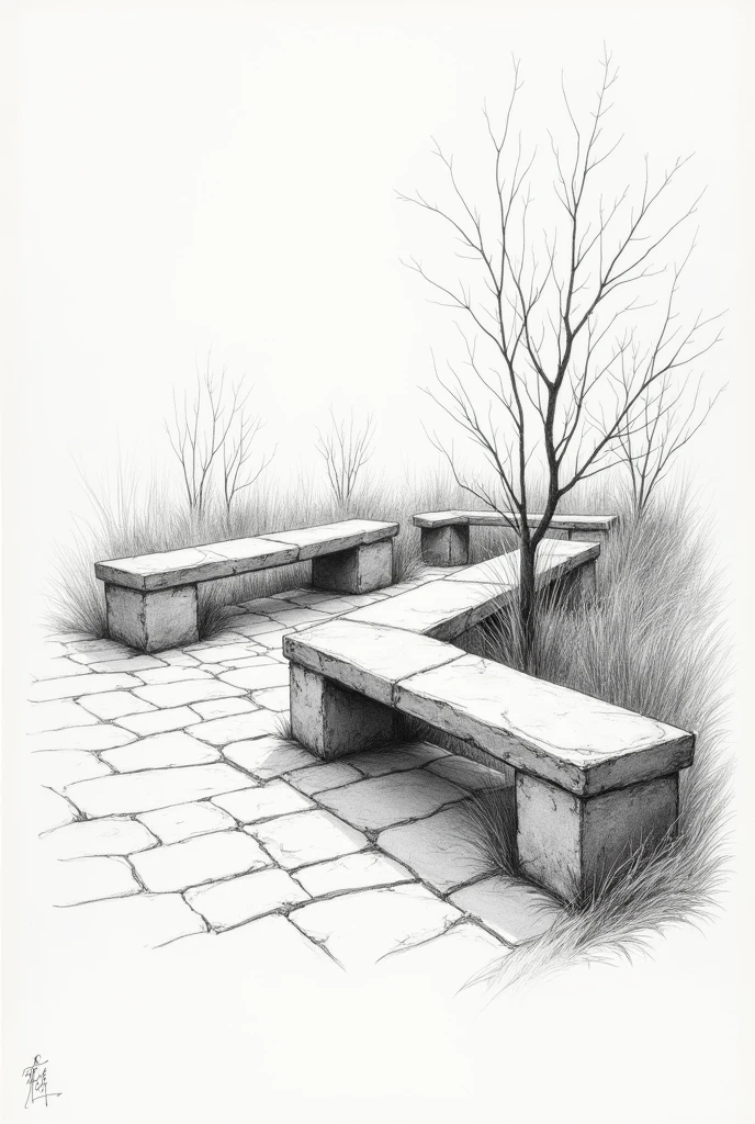 Architectural sketch drawing of benches made of stones for a small square