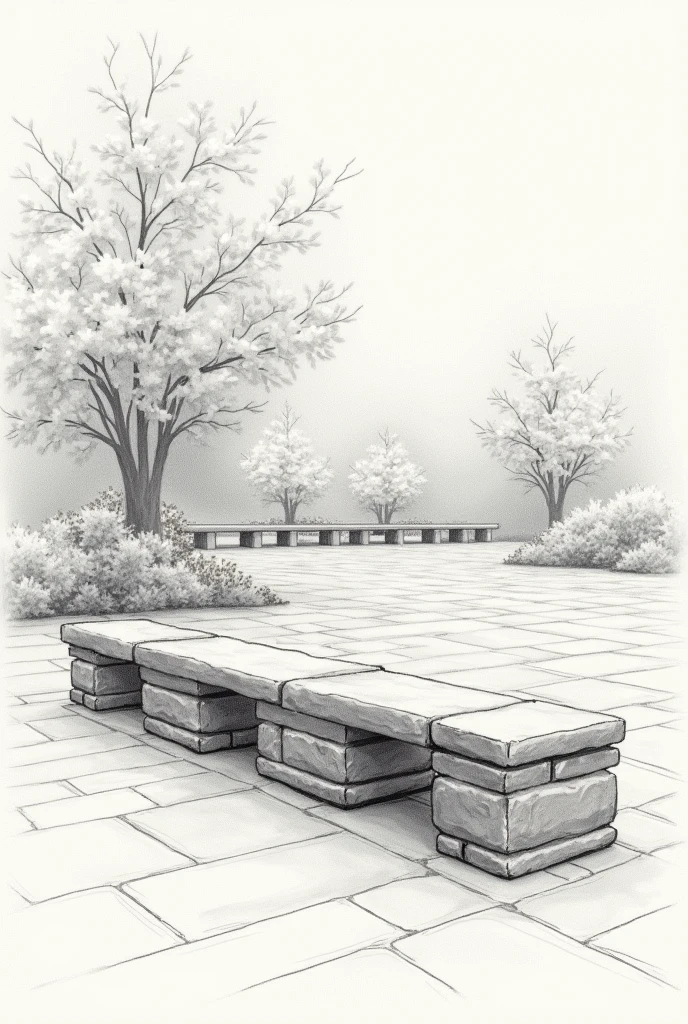 Architectural sketch drawing of benches made of stones for a small square