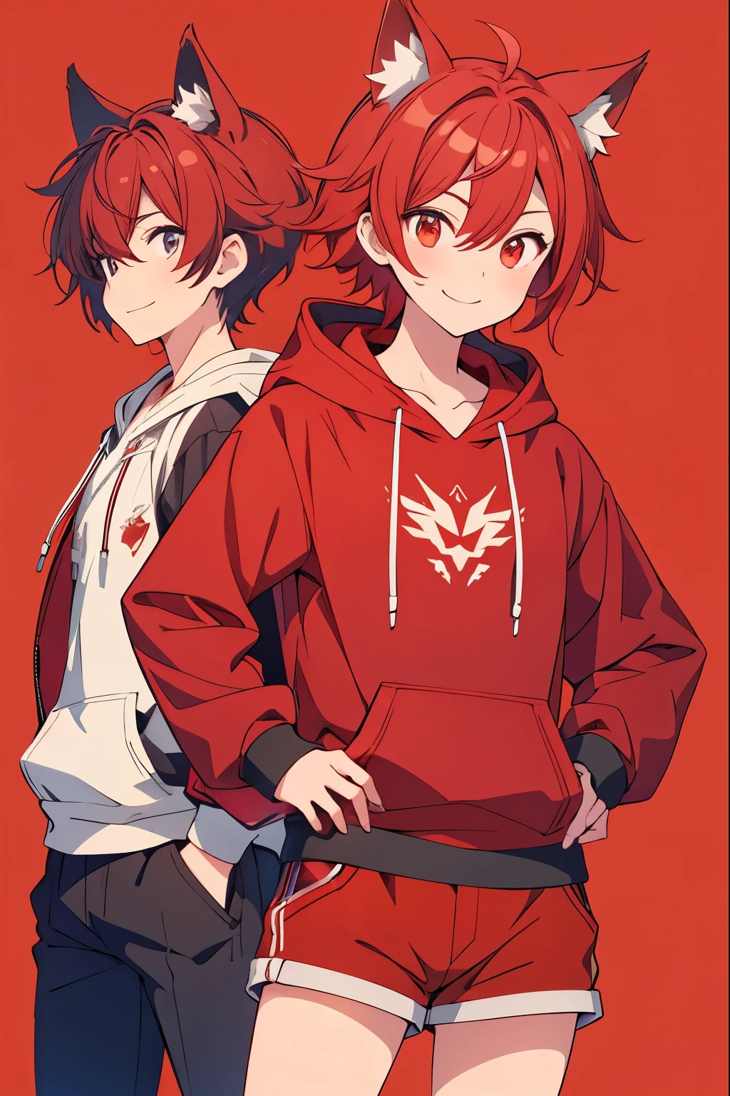 A high school boy with red hair, wolf ears, a red open hoodie, hands on hips and a smile