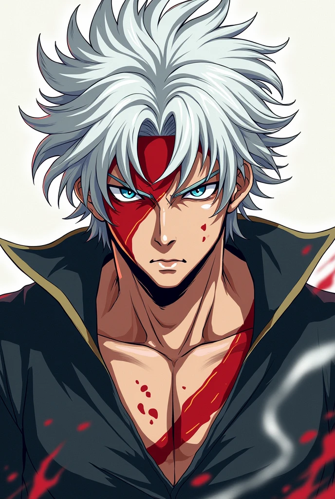 Man with a scar across his face and chest. Anime white hair
