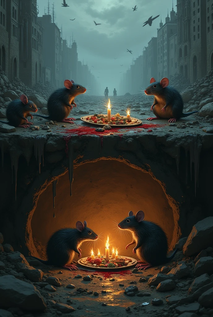 Over the ground blood and ruins. 
Under the ground a rat family celebrating.