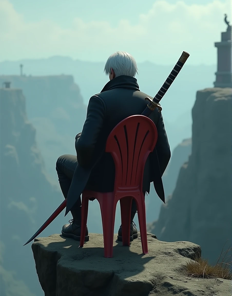 This is the in-game scene where Virgil from Devil May Cry sitting on a plastic chair atop a cliff holding his long katana sword and facing away from the viewer