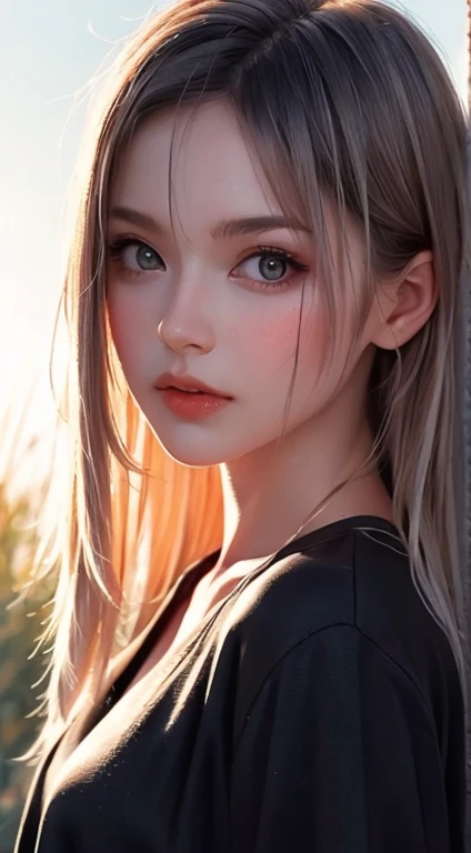 Portrait of a pretty woman in a bright and windy field, river, (Backlight), Realistic, masterpiece, Highest quality, Lens flare, shade, bloom, [[chromatic aberration]], Jeremy Lipking, Antonio J.. Manzanado, Digital Painting, Style - Glass Final, Natural skin texture