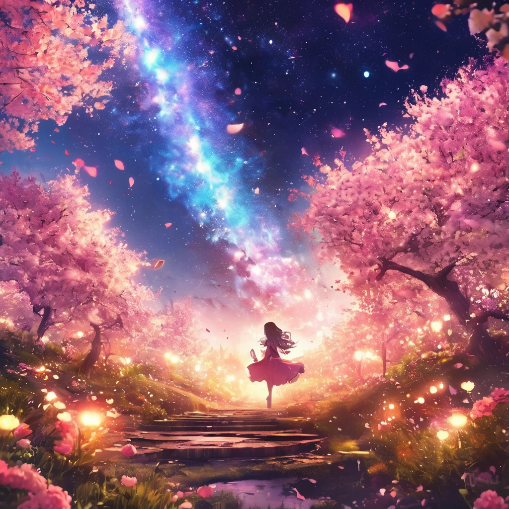 masterpiece, Concept Art, Panorama, in the center, shape, Wide Shot, flower garden, night, (meteor), Space galaxy background, (Great composition, Epic scale), Dynamic Lighting, Bright colors, cherry blossoms,1 girl,garden