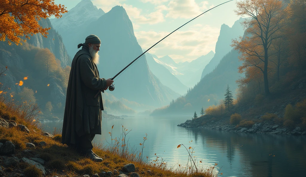 photoshoot, fantasy landscape, mythological creatures, fisherman, fishing, autumn setting, Hasselblad, state-of-the-art-quality, fairy ambient, (best quality,4k,8k,highres,masterpiece:1.2),ultra-detailed,(realistic,photorealistic,photo-realistic:1.37),highly-detailed, dramatic lighting, epic, cinematic, intricate details, vibrant colors, rich textures, muted tones, warm lighting, moody atmosphere, magical, dreamlike, whimsical, ethereal, mystical, fantastical, surreal, conceptual, photorealistic, digital painting